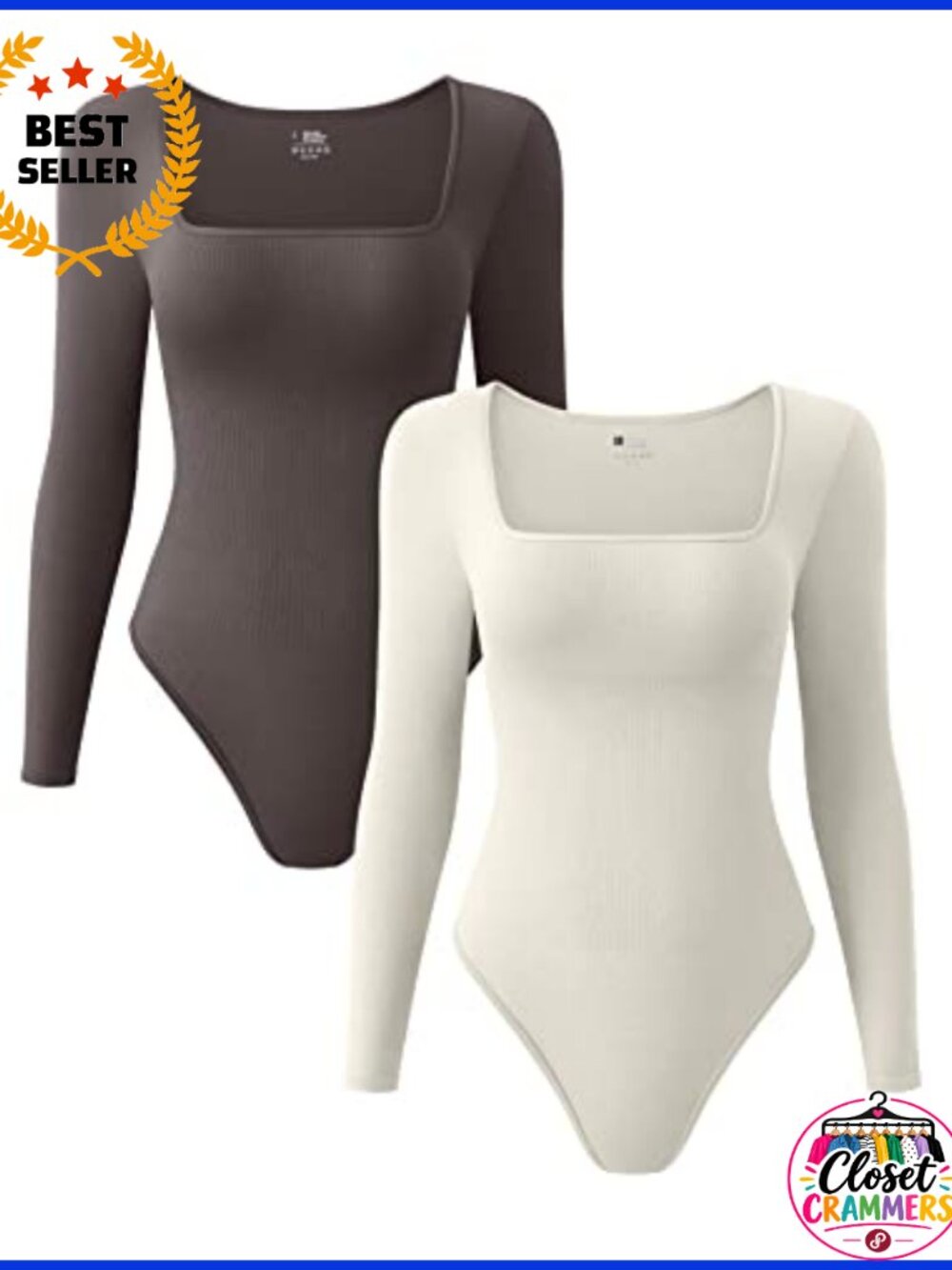 OQQ Women's 2 Piece Bodysuits Sexy Ribbed One Piece Square Neck Long Sleeve Tops